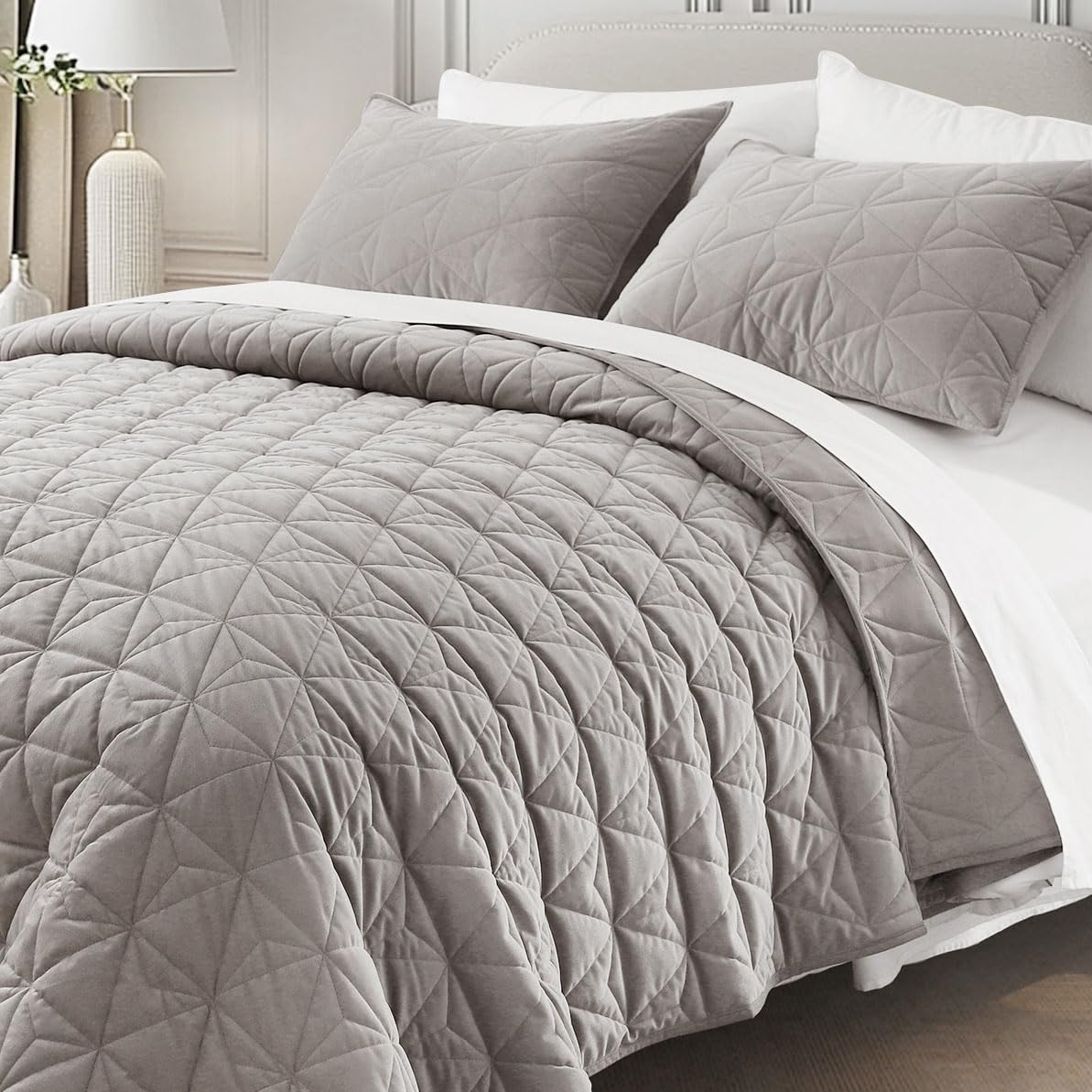 Corduroy Quilt Set King 104"x90", Lightweight All-Season Quilt with 2 Pillow Shams, Soft Fine-Striped Quilted Bed Cover, Urban Taupe
