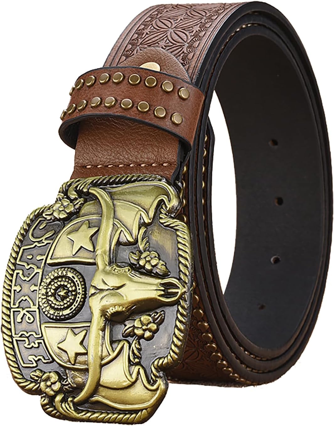 Western Leather Belts For Men And Women, Cowboy And Cowgirl, With Studs, Cowhide Buckle, Floral Engraving, For Jeans, Width 38 Mm
