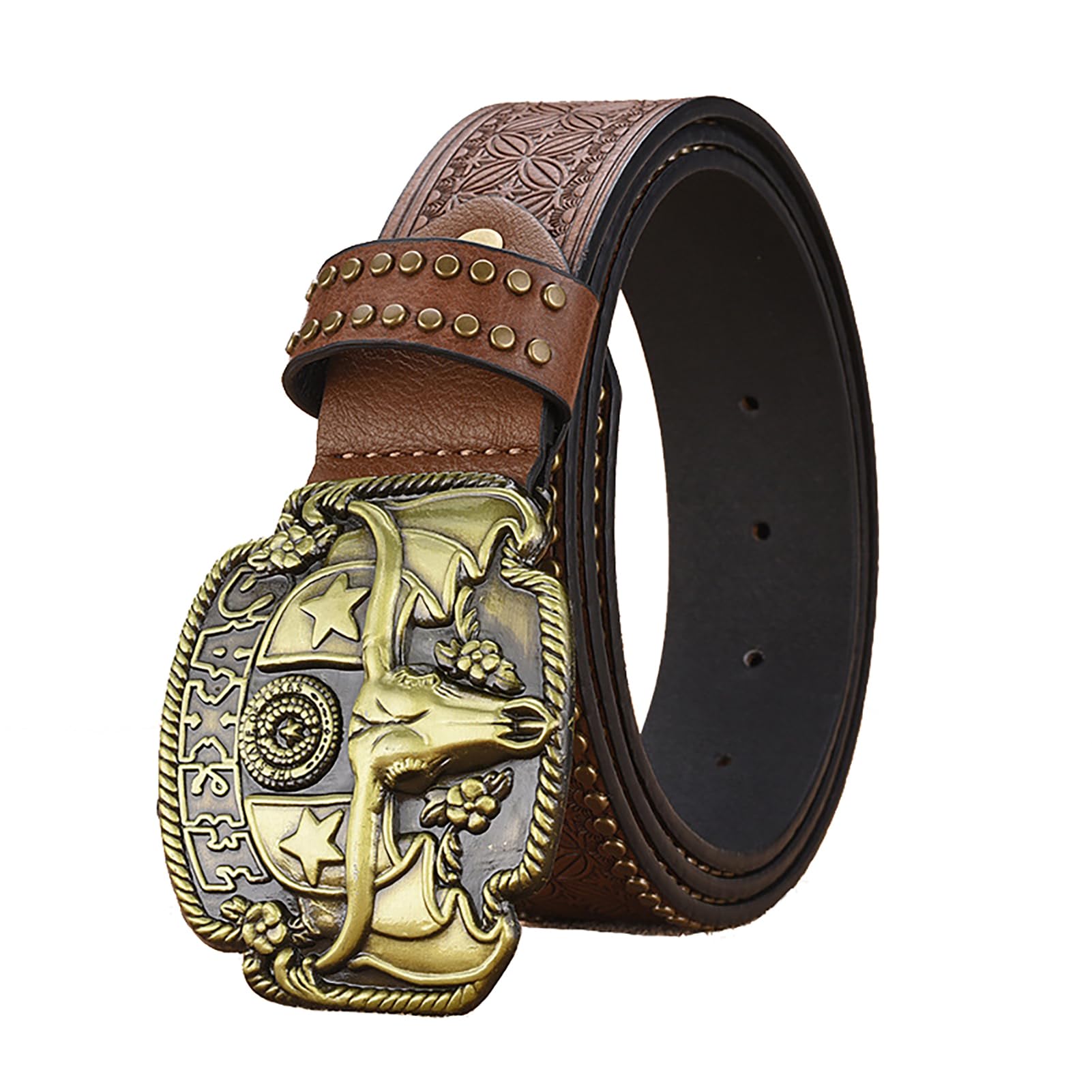 Western Leather Belts For Men And Women, Cowboy And Cowgirl, With Studs, Cowhide Buckle, Floral Engraving, For Jeans, Width 38 Mm