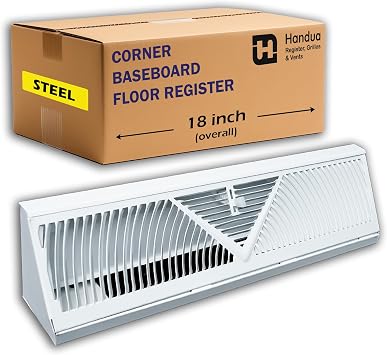 Fits 18" Baseboard Space | Corner Baseboard Register by Handua | Round Type Air Flow Design | 18" External Length Register Vent Cover Grill | Adjustable Lever for Air Flow Control | White
