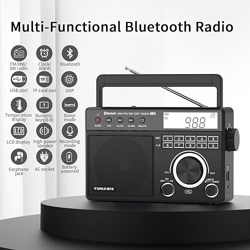 Miniatura 3 de Radio FM portátil de onda corta MW con Bluetooth, sintonización ATS, reloj y alarma, grabación, reproducción de MP3WMA a través de tarjeta USBSD,