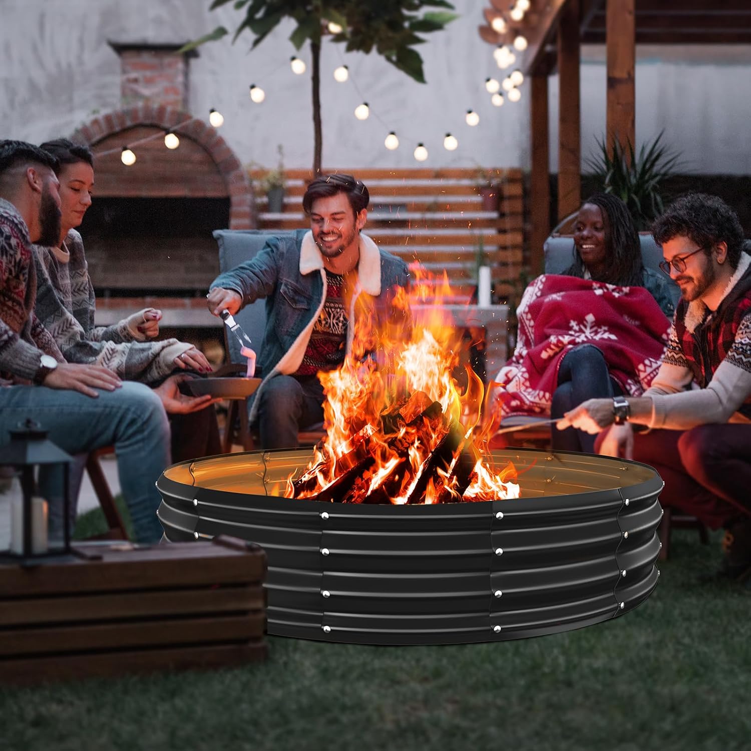 YSEJOMP 60 Inch Round Galvanized Fire Pit Ring/Fire Ring - Foldable and Perfect for Outdoor Gatherings and Campfires in The Yard/Garden/Park/Beach (Black+Gray, 5 FT Diameter+1 FT Tall)