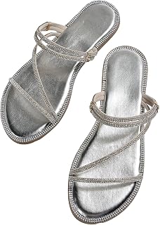 Women's Rhinestone Sparkly Metallic Strappy Flat Sandals Cute Toe Slip on Slide Sandals
