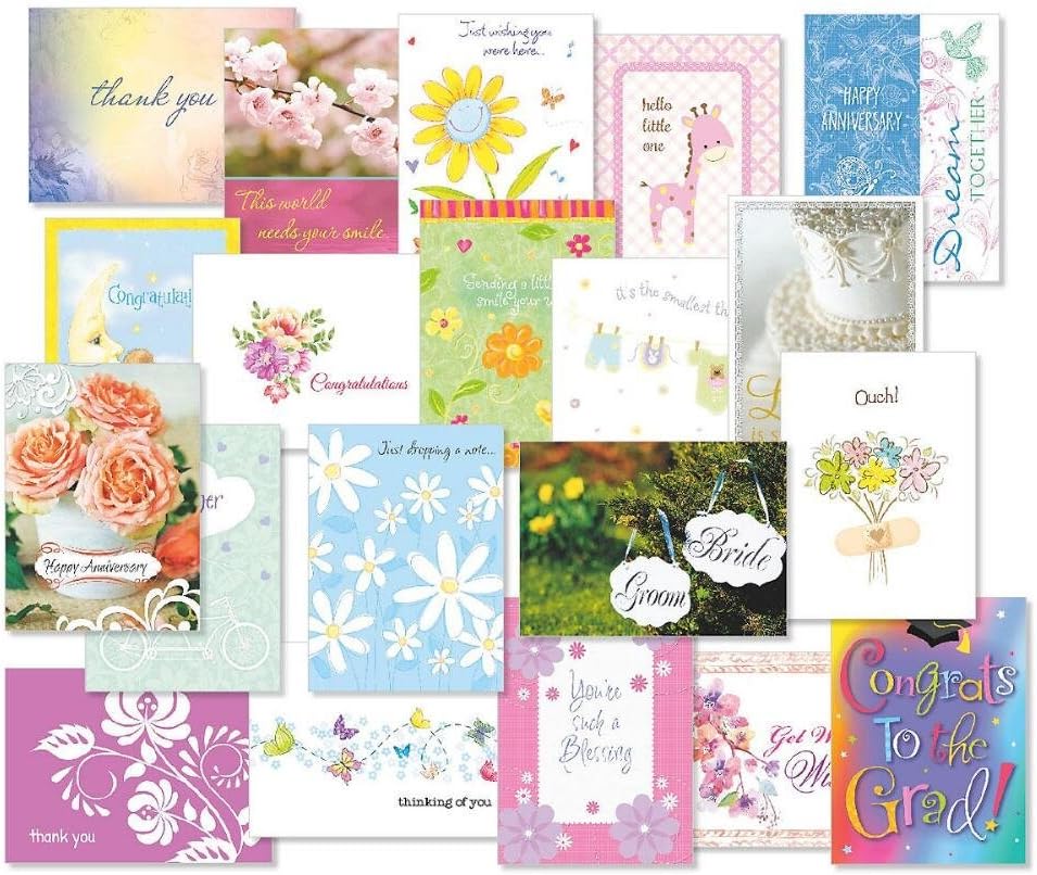Mega All Occasion Greeting Card Value Pack - Set of 40 (20 designs), Large 5 x 7, Wedding, Anniversary, Get Well Soon, Baby, and Friendship Cards with Sentiments Inside, White Envelopes
