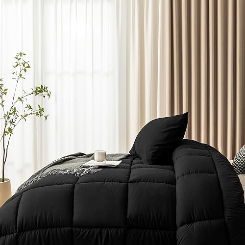 Miniatura 7 de ELNIDO QUEEN Juego de edredón Queen de 3 piezas, color negro, tamaño Queen, para todas las estaciones, edredón alternativo ligero y 2 fundas de