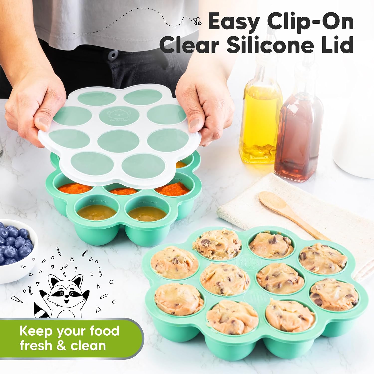 KeaBabies Silicone Food Freezer Trays with Lid, 2oz x 10 Pods(Alpine Green) image 4