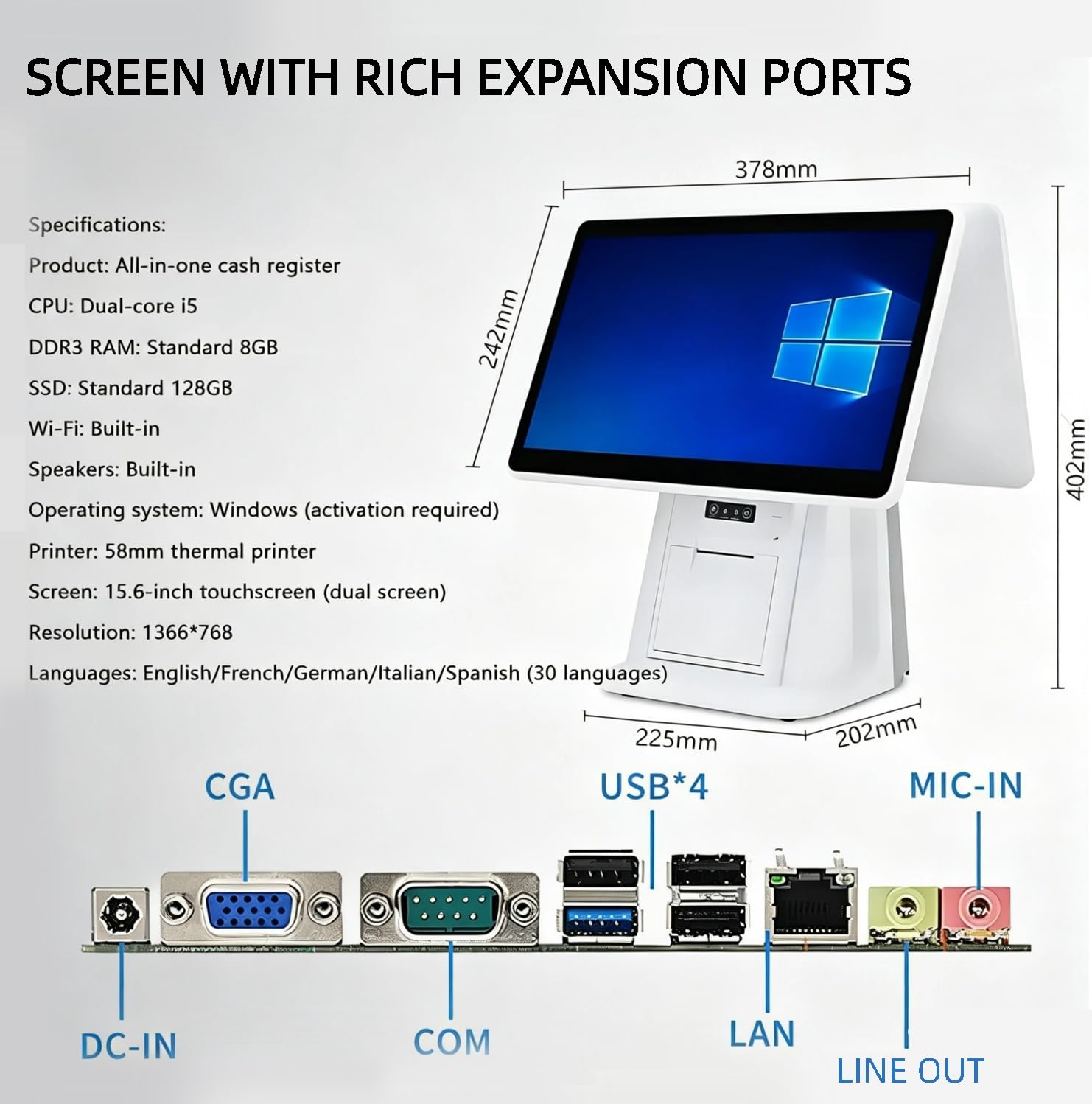 Terminale di pagamento del negozio al dettaglio, macchina POS touch screen con schermo da 15,6 pollici, stampante termica da 58 mm, 8 GB di RAM, SSD da 128 GB per piccole imprese