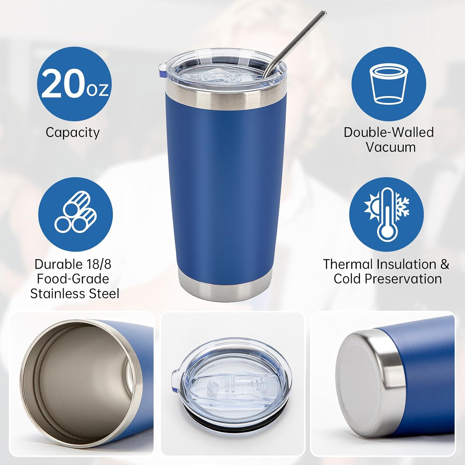 IEOVIEE 32 Pack, 20oz Stainless Steel Bulk Tumblers with Lids and Straws, Double Wall Insulated Travel Coffee Mug, Durable Powder Coated Tumbler Bulk Cup for Cold and Hot Drinks(Dark Blue)
