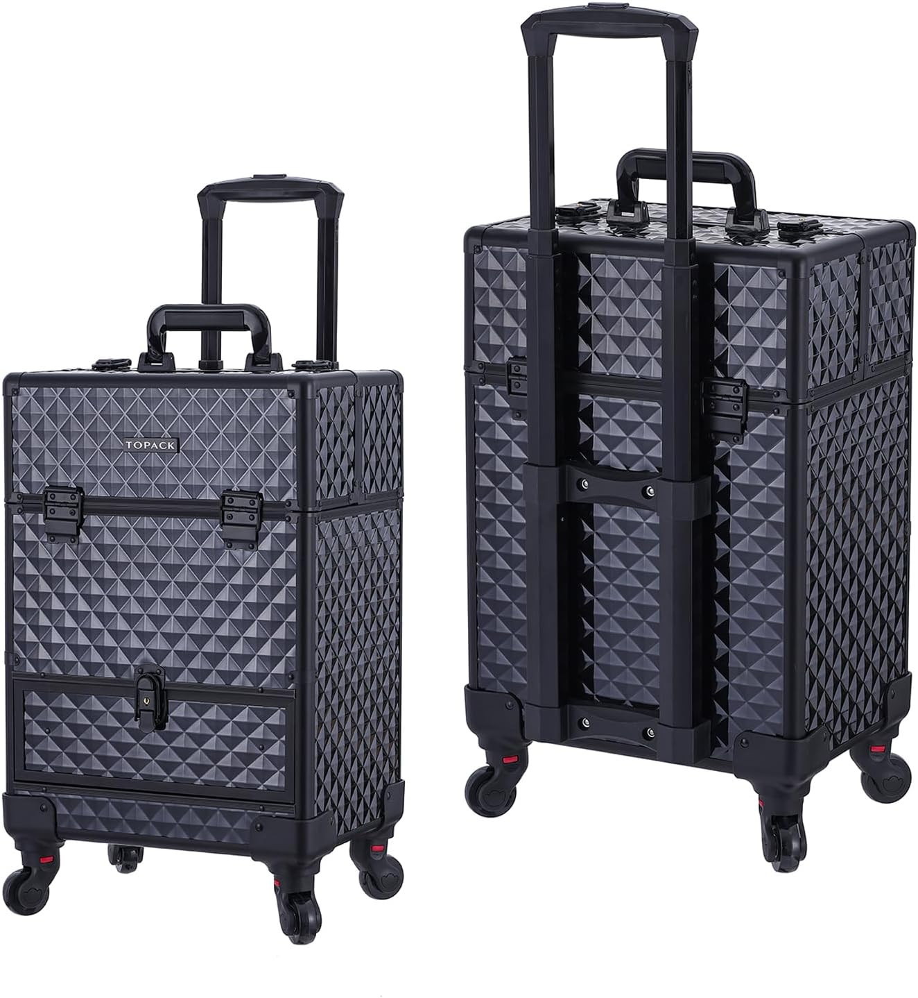 TOPACK Rolling Makeup Train Case,360°Rotaing Wheel Aluminum Cosmetic Case with Trolley 4-Tray for Tattoo/Barber/Nail Tech Travel Cart Organizer 13.1 * 9.8 * 18.3in BLACK (BLACK)
