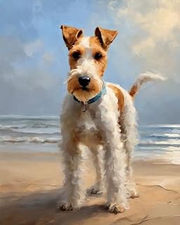 OKSGYTA DIY Oil Painting Paint by Number Kit Wire Fox Terrier on Beach Sea DIY Painting by Number Kits Oil Paint Drawing Canvas Home Decor, 40x50cm Without Frame