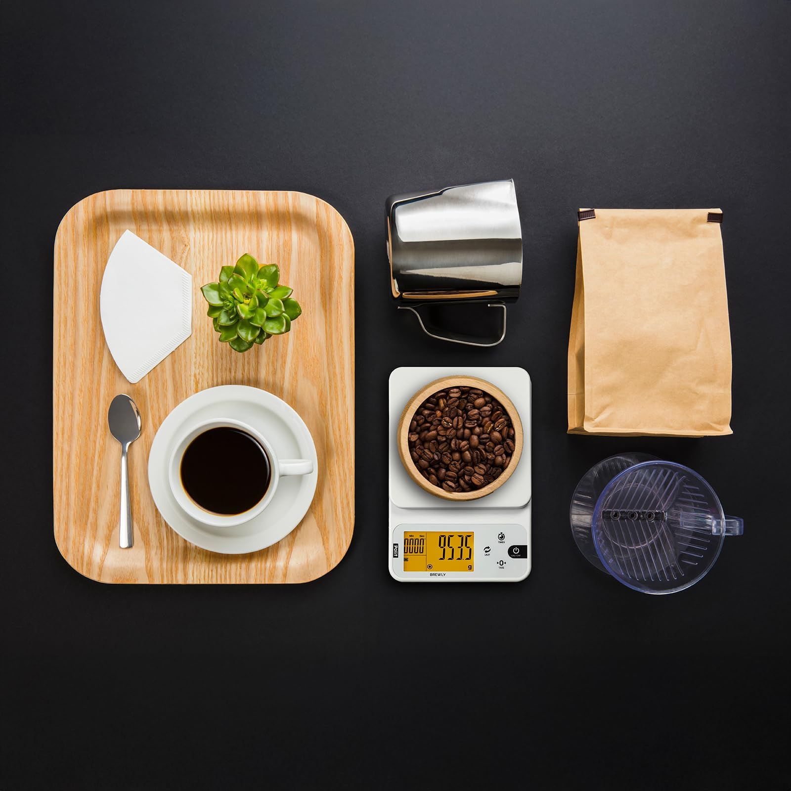 Polit Brewly Kaffeewaage mit Timer, 0,1 g, Espresso & Pour Over, Schwarz | Ultraflaches Design, Hitzebeständige Unterlage, USB-C oder Batterie, ml-Modi für Milch & Wasser, Für Barista & Reisen