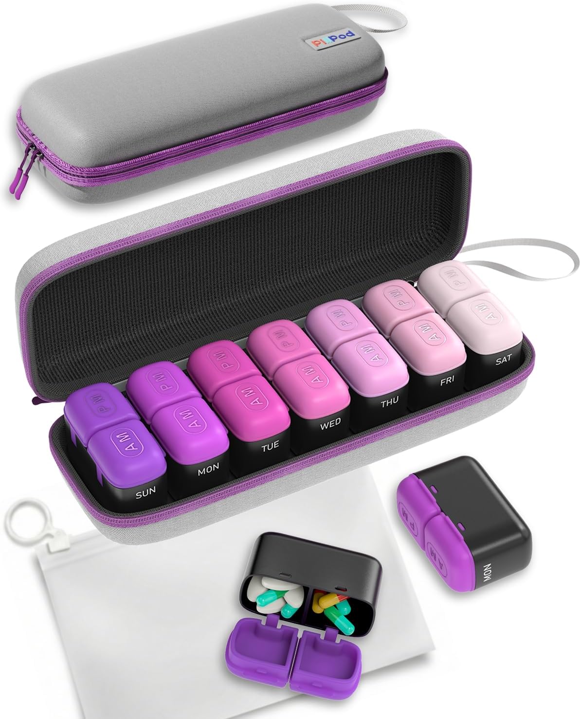 Weekly Pill Organizer, 7 Day Travel Medicine Pill case with Moisture-Proof Silicone Lid, Large AM PM Daily Pill Organizer 2 Times a Day for Vitamins & Supplements, Secure Zipper Pill Box(Purple)