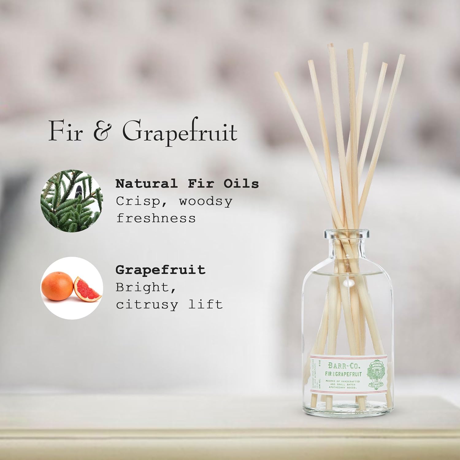 Barr-Co. Fir & Grapefruit Scent Diffuser Kit, Bright Grapefruit & Cooling Balsam Scent, Reed Diffuser for Home, Long Lasting Aroma Diffuser, Refillable, 8 fl oz