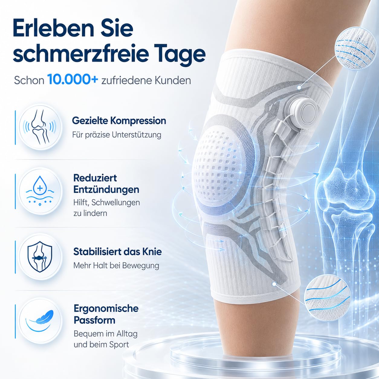 VILAO Kniebandage Drehverschluss Patellarschutz 3D Kompression Stabilität Sport Laufen Fitness Alltag Rutschfest Schwarz (2 Grauweiß,L)
