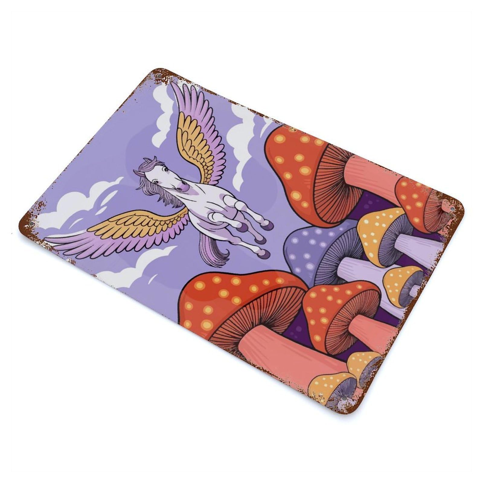 Pegasus Flying Over Mushroom Forest 11.8"x7.9" Aged Metal Wall Plaque, Retro Wall Decor for Farmhouse, Kitchen And Entryway Decor