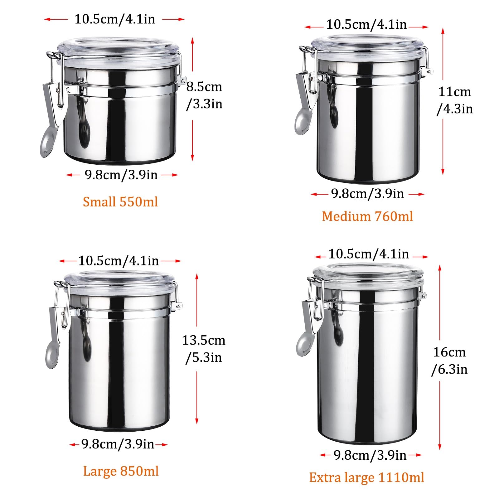 Stainless Steel Cereal Dispenser Bucket Kitchen Storage Containers with Clear Lid Airtight Canisters with Locking Clamp Milk Powder Jugs Rice Containers Food Storage Jar for Tea Coffee Bean Sugar.(4pc