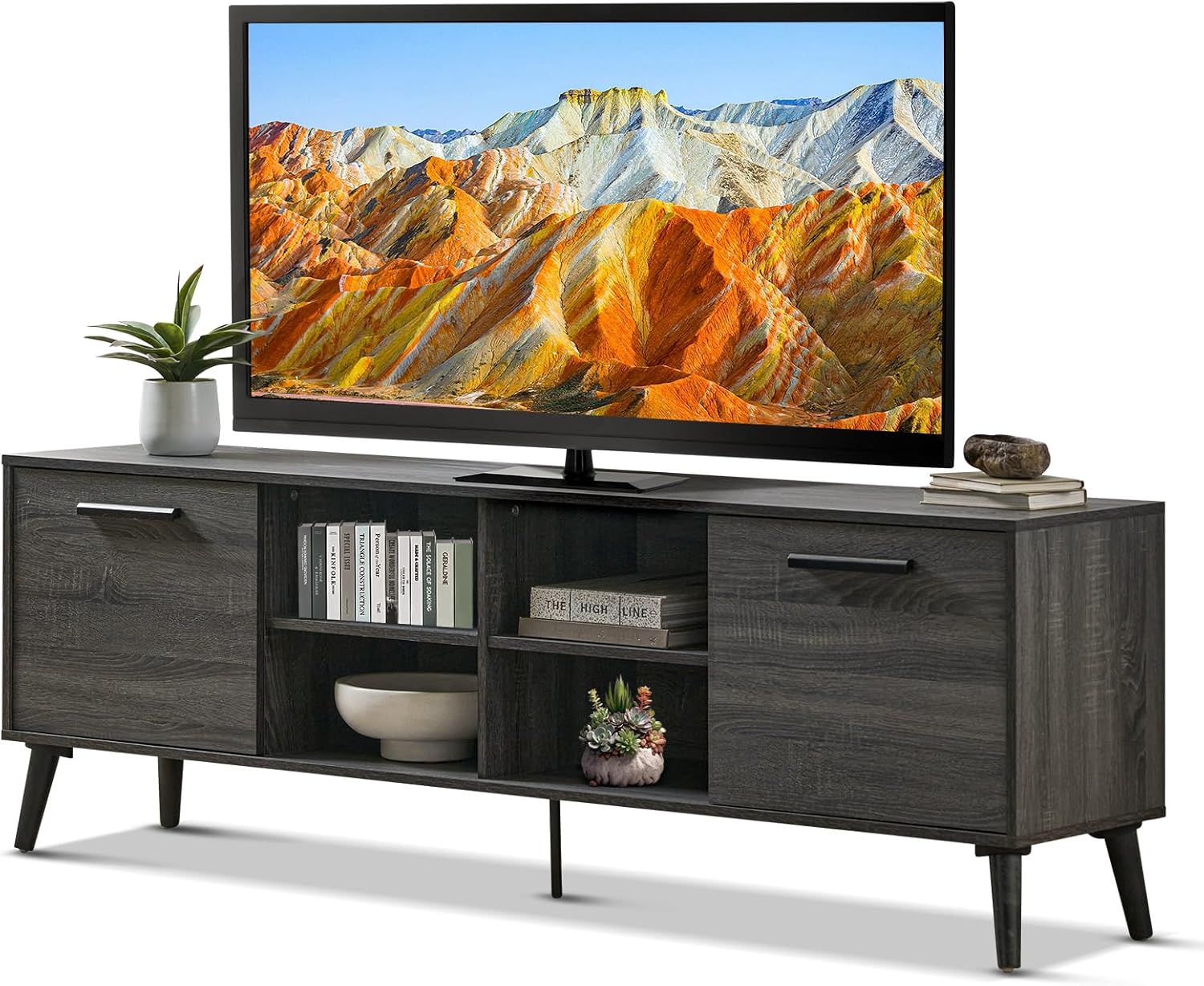 TV Stand for 55/60/65 Inch, Mid Century Modern Wooden Television Furniture Entertainment Center for Living Room Console with 2 Cabinets and 4 Cubby Shelves (Grey)
