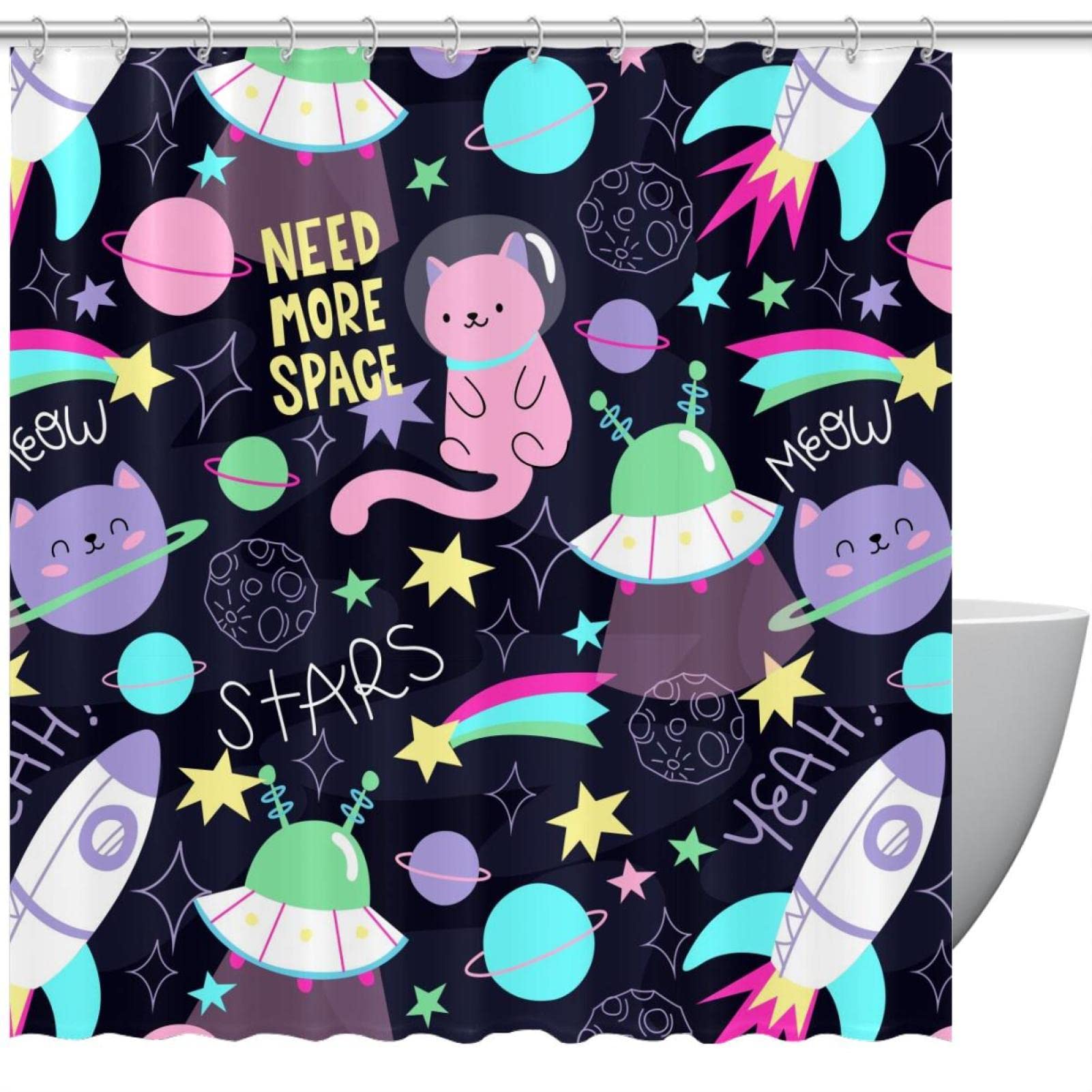 Rideau de douche imperméable motif chat de l'espace 183x183 cm anti-éclaboussures