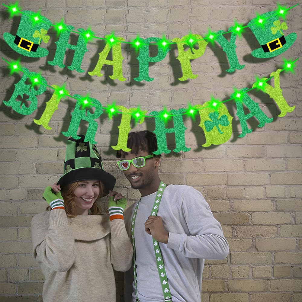 St. Patrick's Day Happy Birthday Banner + Shamrock Clover Banner - Green Glitter Party Decorations
