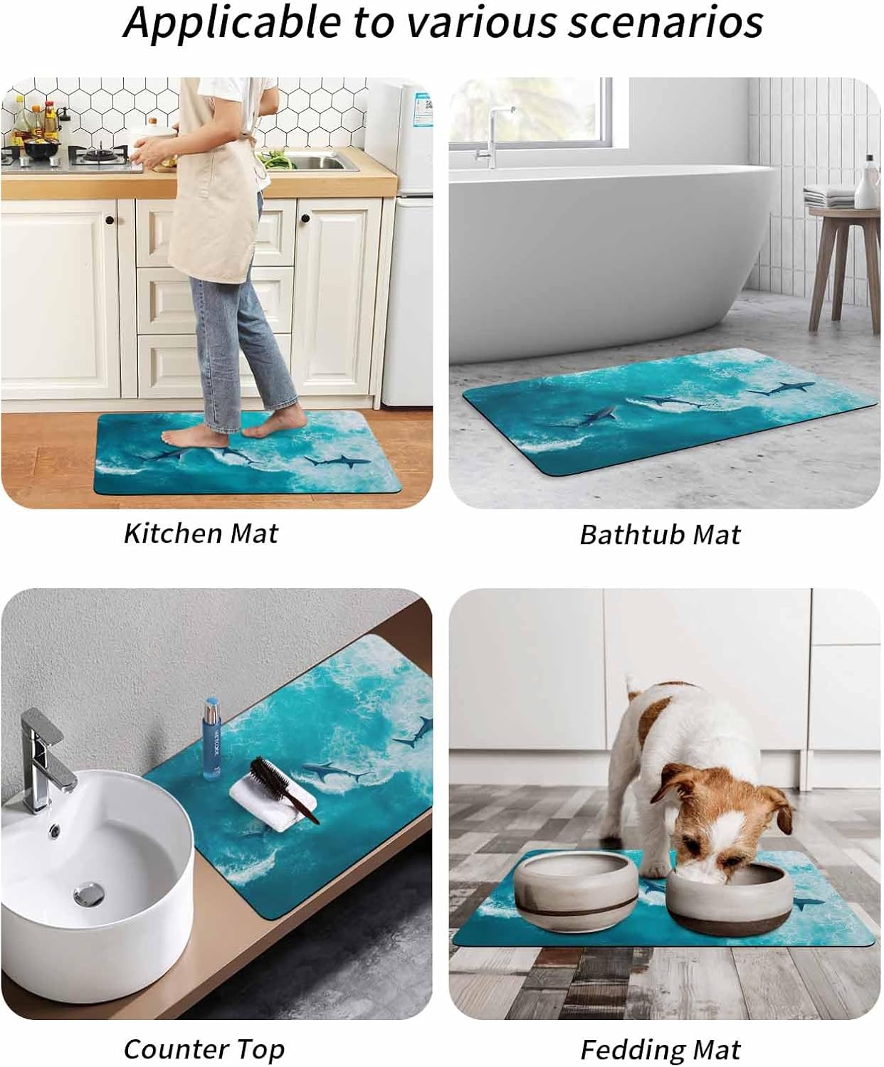 Bath Rugs Bathroom Rug, Summer Ocean Shark Blue Watercolor Absorbent Diatomaceous Earth Bath Mat Quick Drying Non-Slip Washable Shower Mat, Sea Marine Animal Doormat for Bathtub Kitchen 18x30in