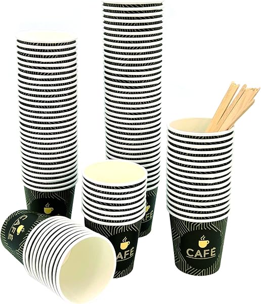 Genérico Pack 100 vasos desechables de cartón para café con paletinas de madera (200ML - SIN TAPA) - 5