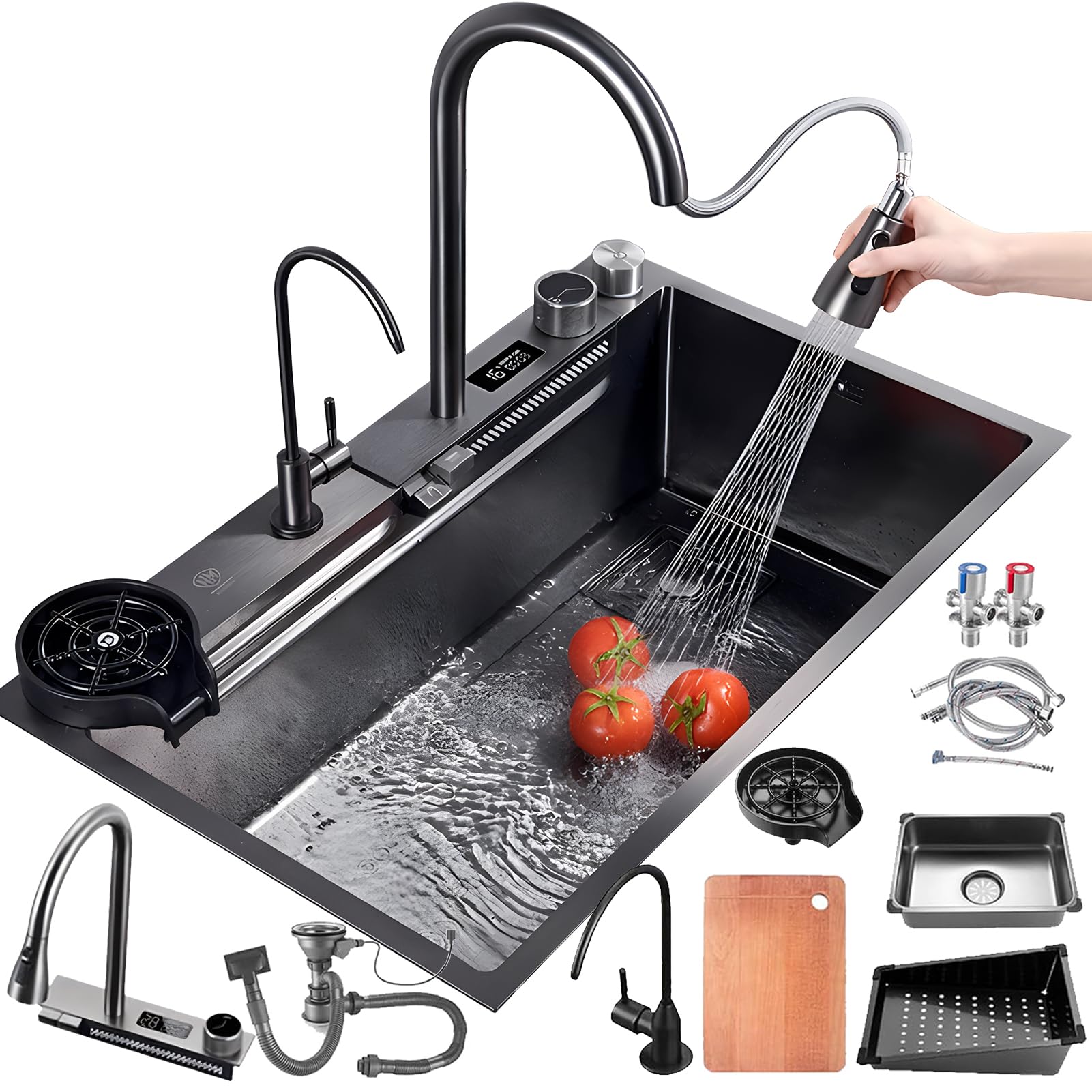 ZQFHSX Kitchen Sink, With Rainbow Waterfall Type Faucet Bar Prep Stainless Steel Farmhouse Workstation Drop-In Or Undermount Installation (Size : 80x46cm)