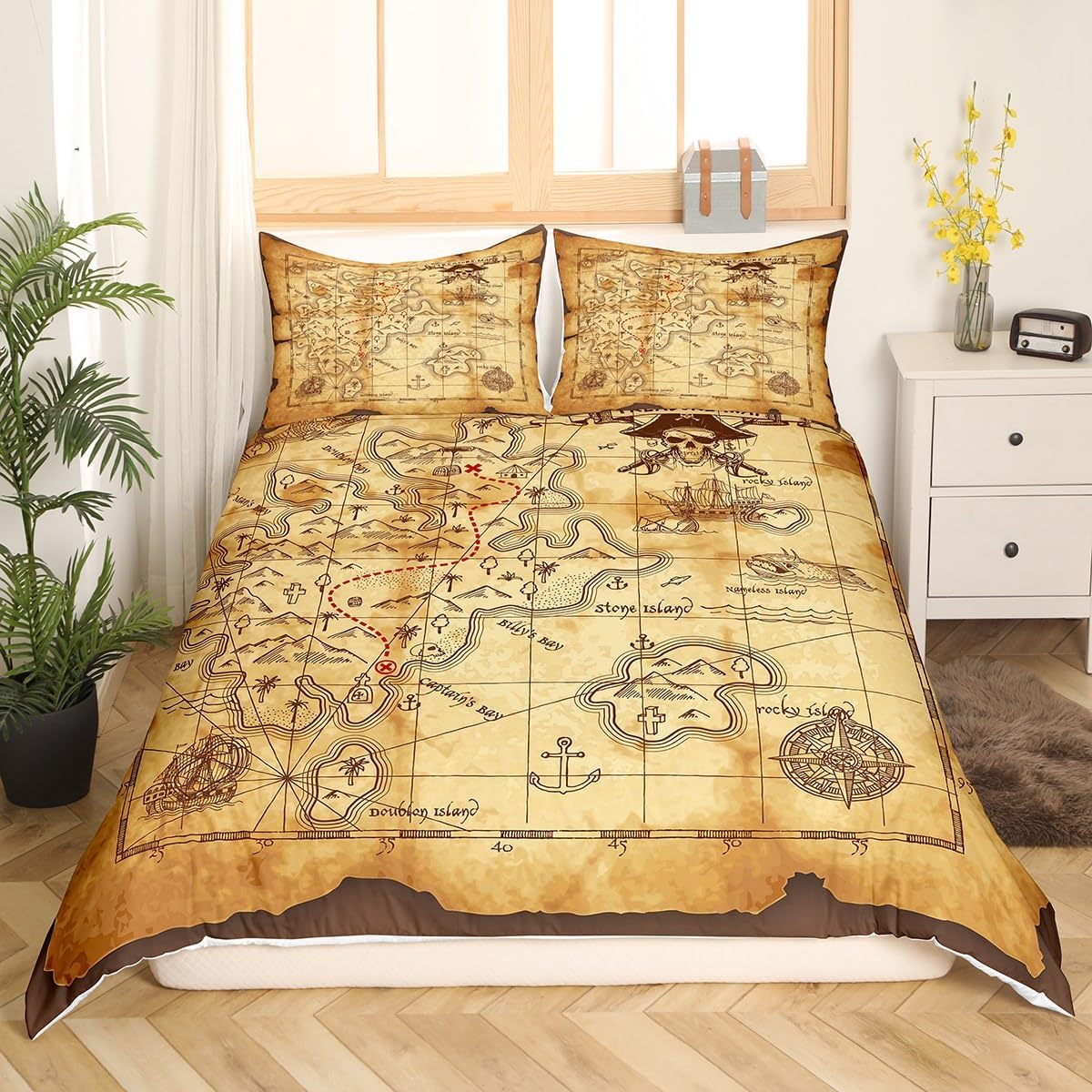 Erosebridal Nautical Duvet Cover Boat Pirate Bedding Set Queen Size for Kids Boys Teens Adult Retro Sailboat Brown Comforter Cover Anchor Compass Vintage Style Bedspread Cover with 2 Pillow Cases