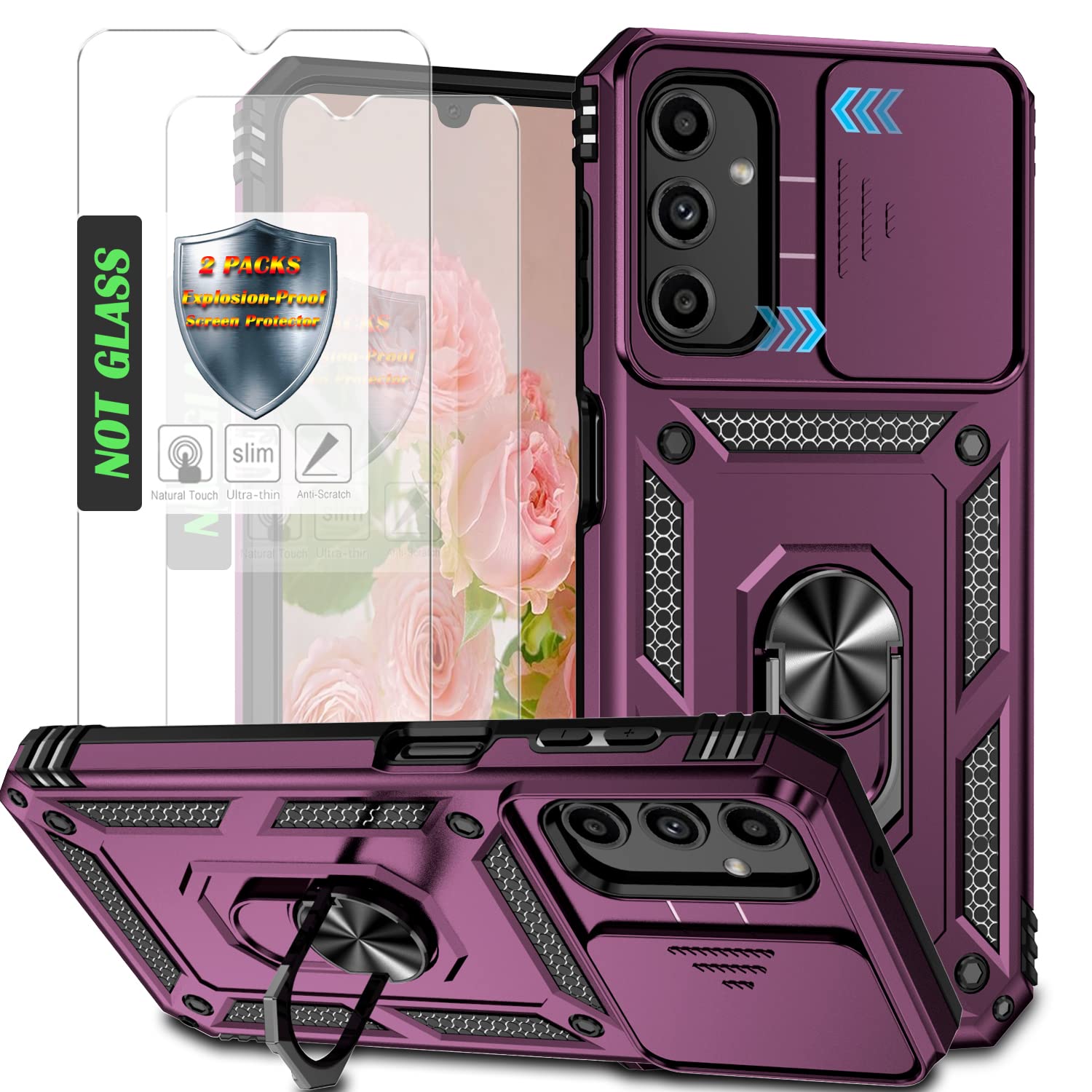 AYMECL for A14 5G Phone Case,Galaxy A14 Case,Samsung A14 5G Case with 2 Pcs Explosion-Proof Film,Slide Camera Cover Protective Case with Magnetic Ring Kickstand for Samsung Galaxy A14 5G,Wine Red