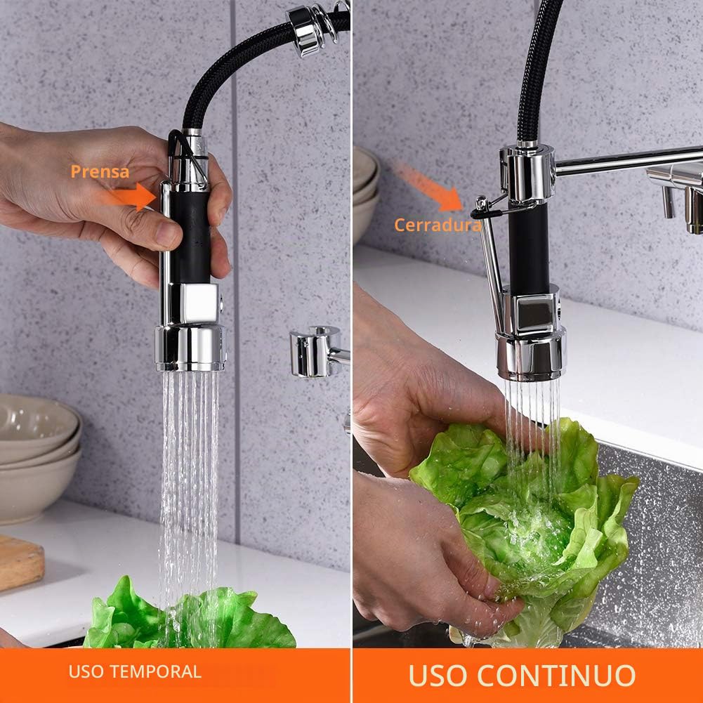 Ibergrif, Grifo de Cocina con Teleducha Extraíble, Mezclador de Fregadero con Dos Caños, Cromo