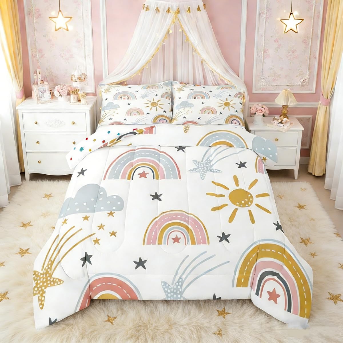 Rainbow Comforter Set for Girls, Sun and Stars Bedding Set King for Kids Boys Children Cartoon Cloud Bedding Comforters Girly Soft Microfiber Machine