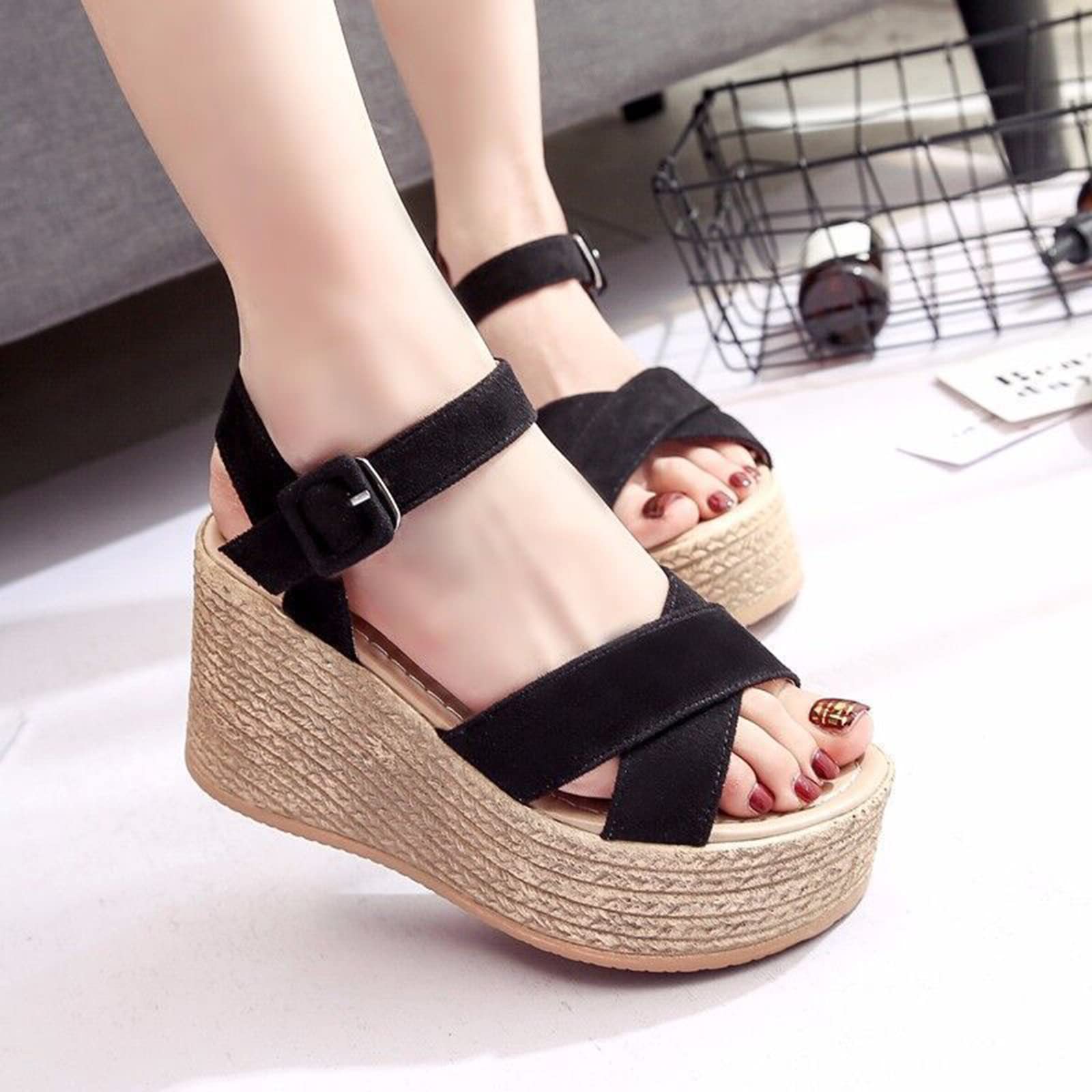Sandales Femme Compensées Été Cuir - Chaussures Plage Respirantes à Lacets Ouverts Confortables