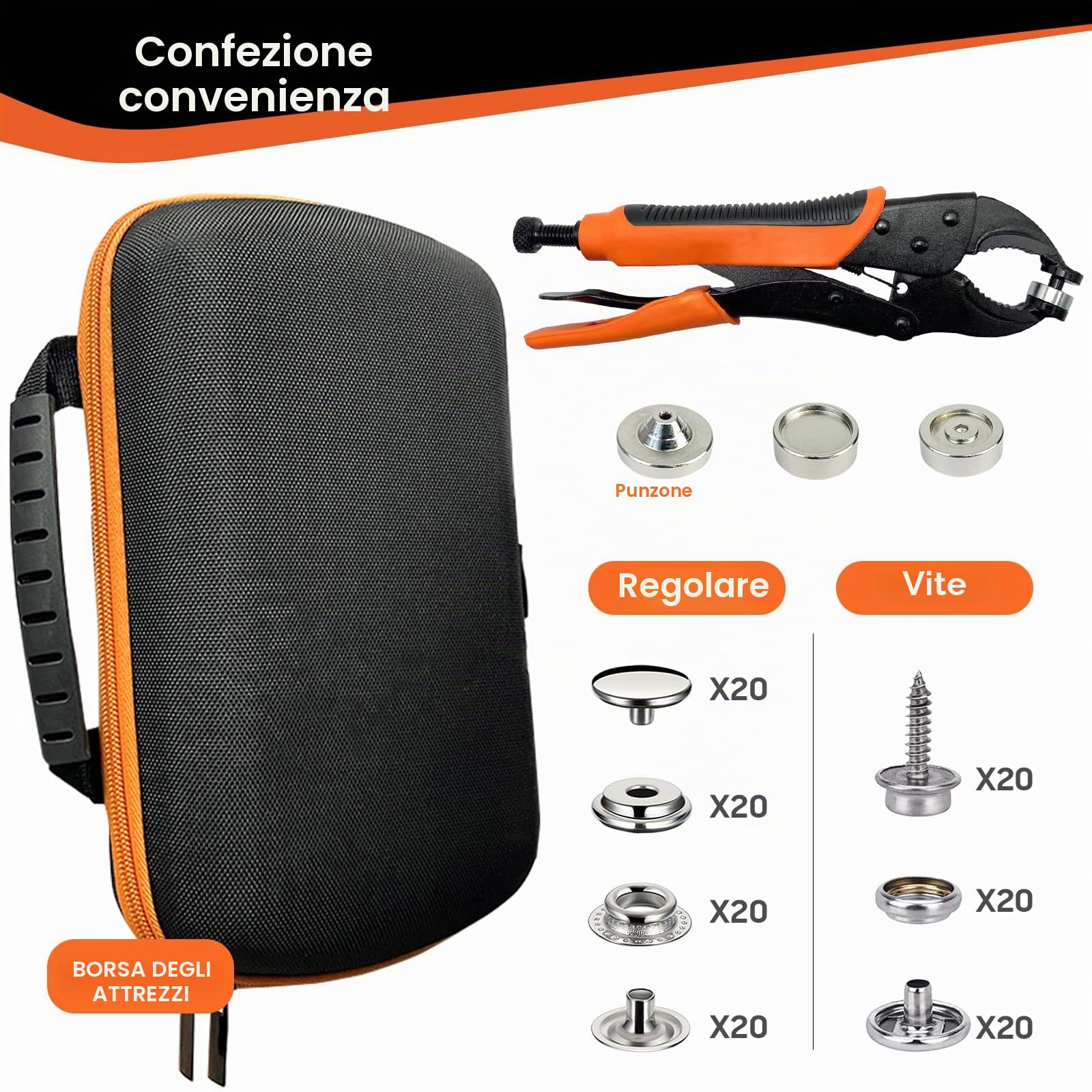 Pinze per Bottoni a Pressione Set, funzione di punzonatura, strumento pulsante a scatto con setter regolabile, strumento a scatto da 15 mm include 40 set di bottoni automatici marini