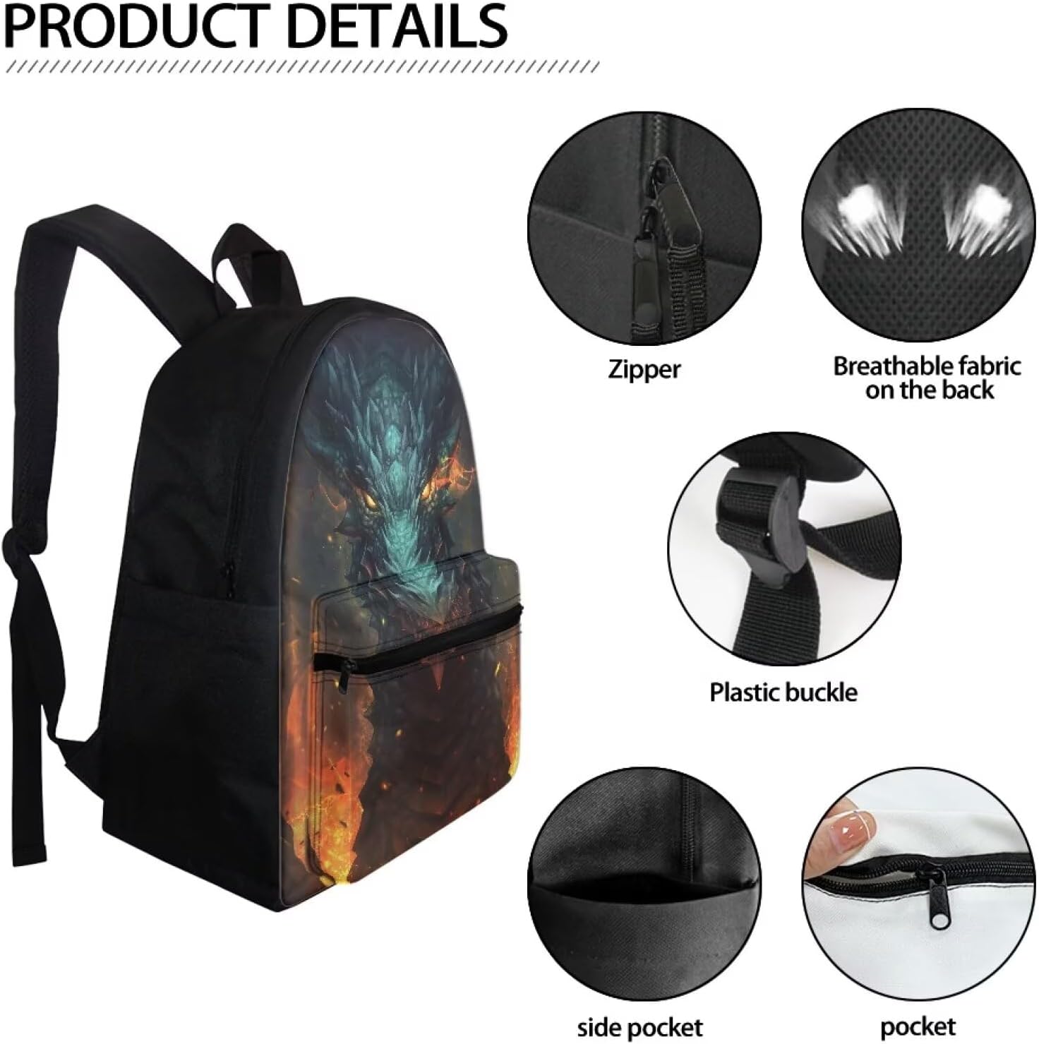 Amzbeauty Cool Dragon Dinosaur School Backpack Animal Printed Student Book Bag For Kids Boys Girls Casual Rucksack