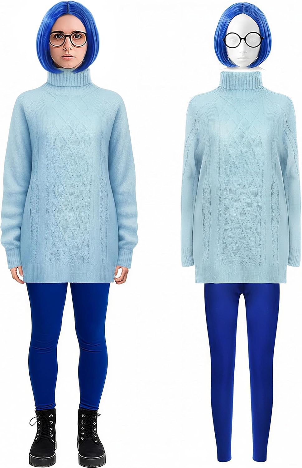 Chuangdi 4 Pcs Halloween Sad Costume Set Blue Wig Round Glasses Blue Sweater Pants for Women Cosplay Costume Party