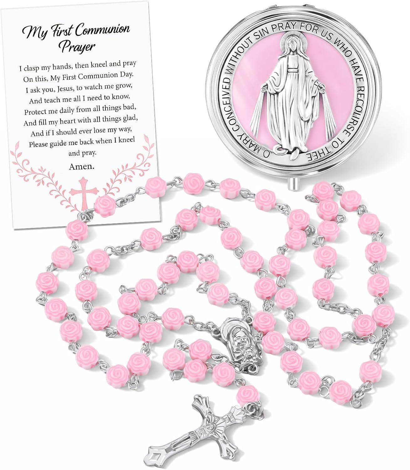 Quelay First Communion Rosary Gift Set for Women Inclued Pink Rose Shaped Bead Catholic Rosary Necklace with Case and Prayer Card, Religious Baptism First Confirmation Catholic Gift for Women Baptism