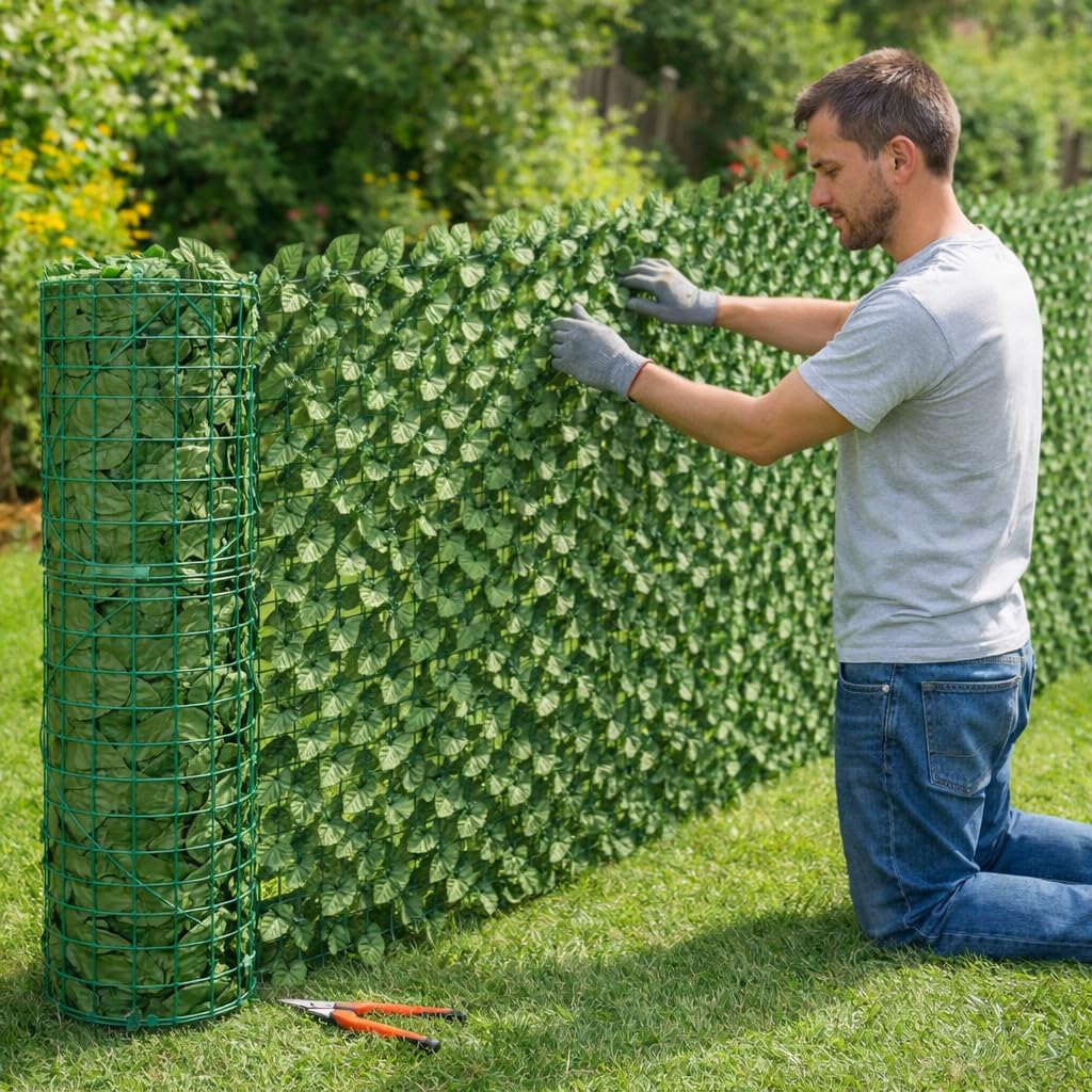 Siepe Finta Artificiale con Foglie Copri Ringhiera Verde Recinzione Edera Giardino Frangivento Ornamentale Siepe Sintetica Balcone Rotolo (200x500 cm)