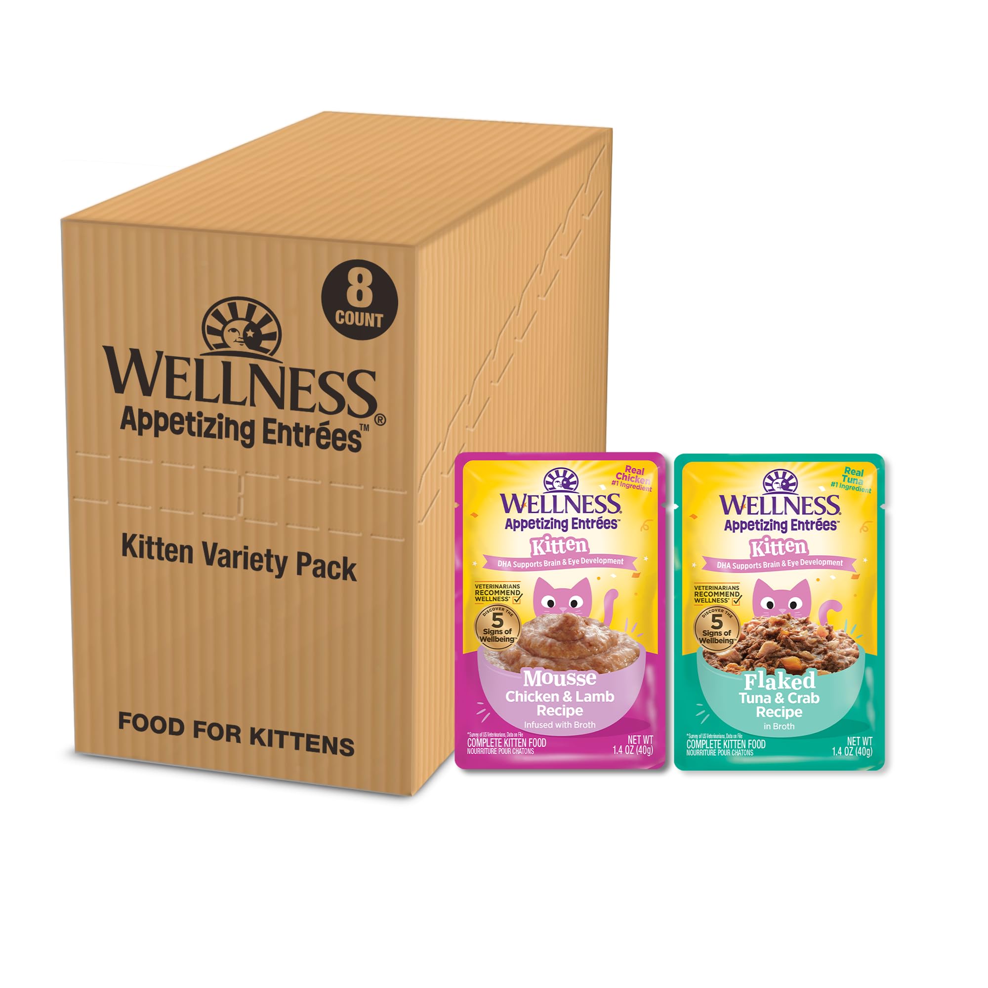 Wellness Appetizing Entrées Variety Pack Kitten Wet Cat Food, Natural, Protein Rich, Grain Free, 1.4 oz, Pack of 8 Pouches