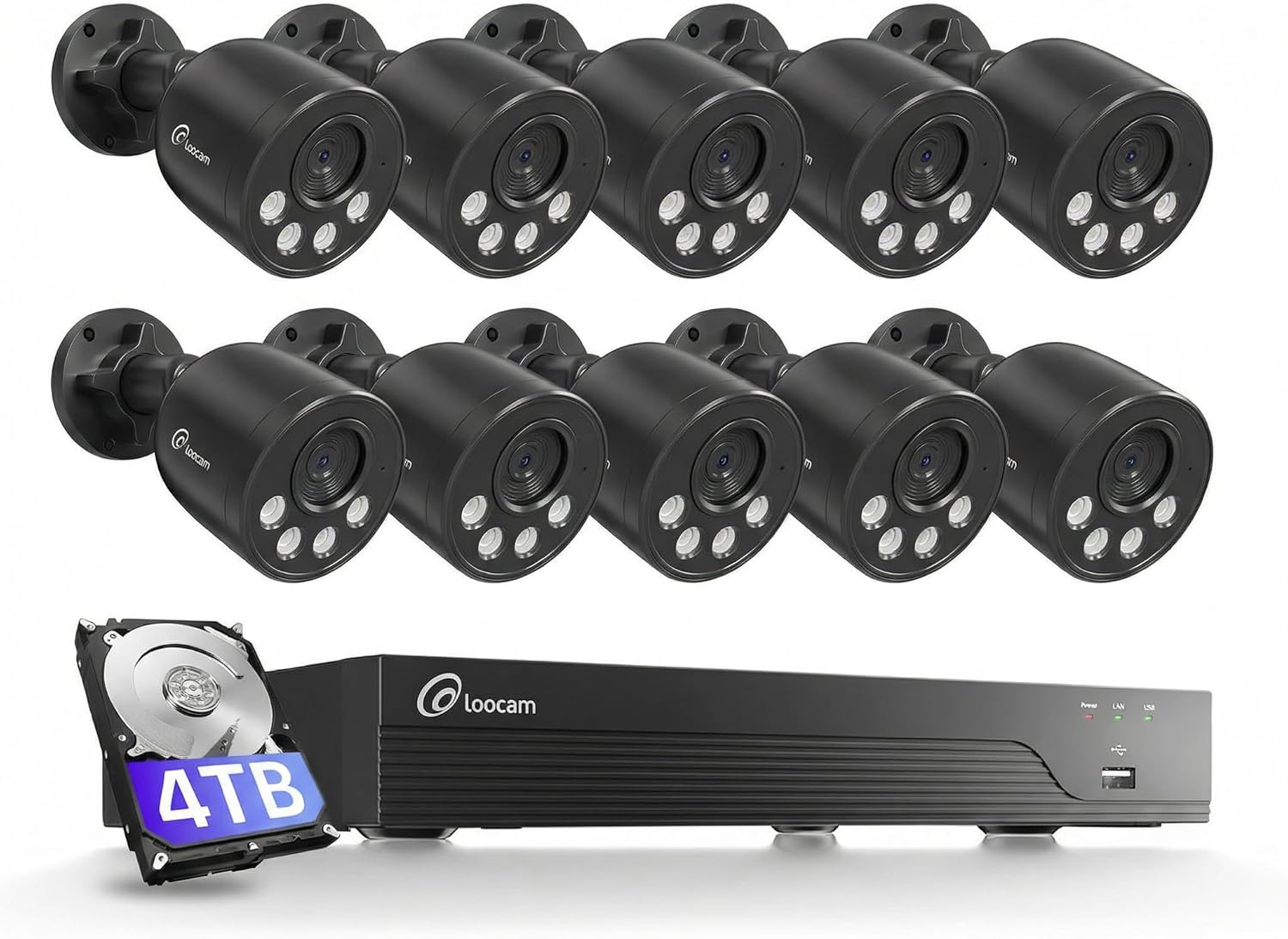 Loocam 16 Channel Security Camera System 4K, 4TB HDD 8MP 10pcs POE Cameras with AI Human/Vehicle Detection, H.265+NVR with Night Vision, Wired Cameras for Home NVR Security Camera System
