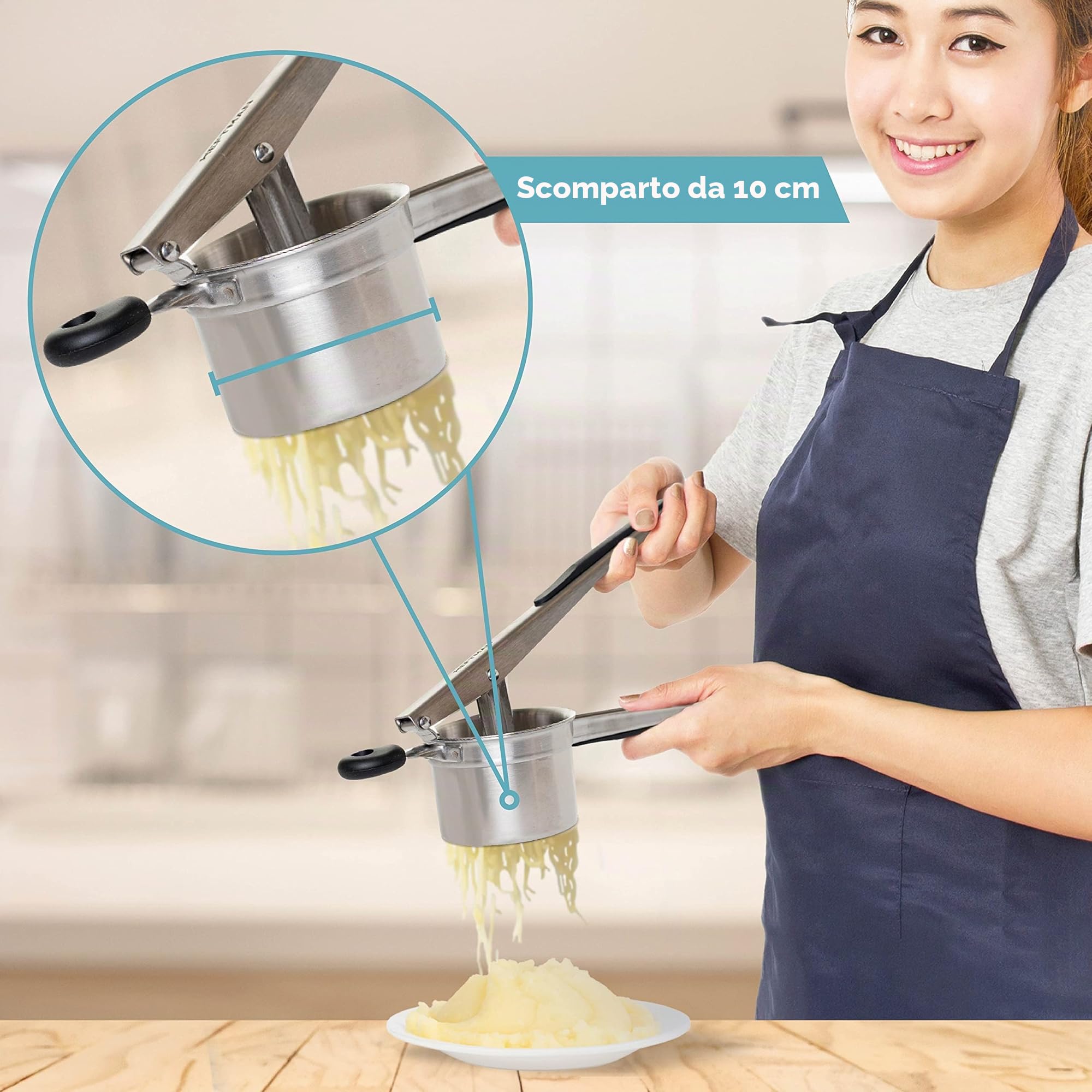 HEFTMAN Schiacciapatate - Schiacciapatate Acciaio Inox con Manici Ergonomici in Silicone, Schiaccia Verdure Manuale, Sciacciapatate per Alimenti per Bambini Frutta Verdura (Lavabile in Lavastoviglie)