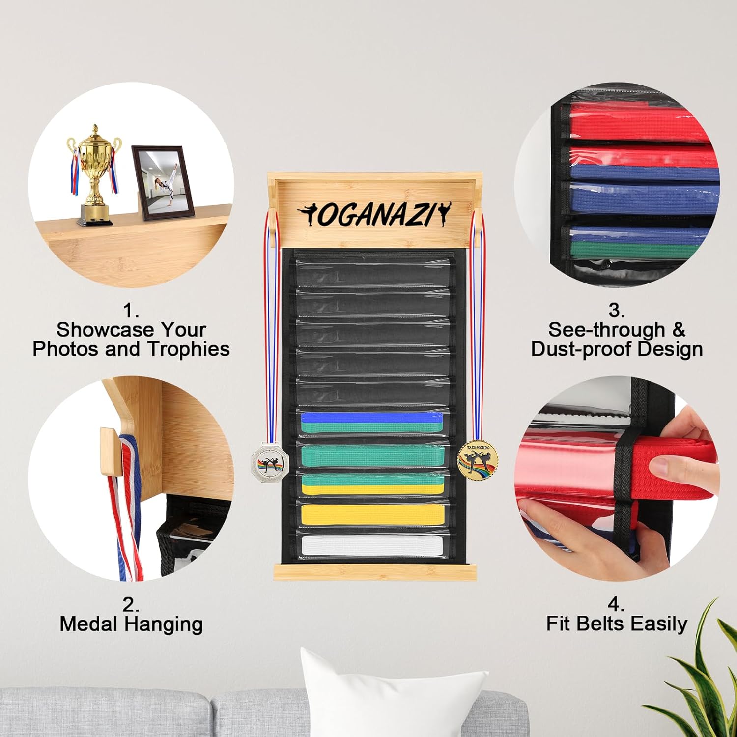 10 Belts Karate Belt Display Rack, Medal Display Case for BJJ, Jiu Jitsu, TKD,Martial Arts Belt Display Holder with Medals Hanger, Taekwondo Belt Display Holder with Trophy/Photo Rack,