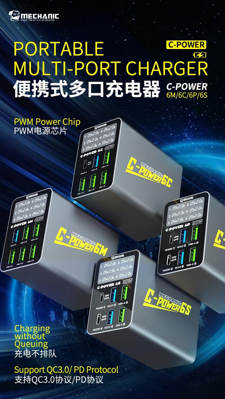 Mechanic C-power 6C/6S/6P Digital display 6-port charger Support PD QC3.0 for mobile phone Tablet computer Fast charging(6S)