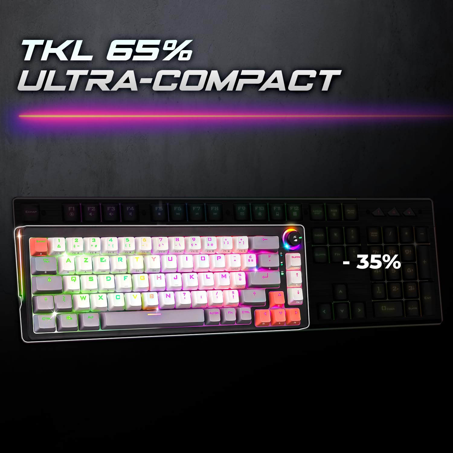 Spirit Of Gamer - XPERT K600, Clavier Gamer TKL sans Fil 65% Mécanique AZERTY, Switchs Rouges, Bluetooth, RF 2.4 GHz et Filaire USB, RGB 22 Modes, Anti-Ghosting 100%, Autonomie 200 Heures, Noir