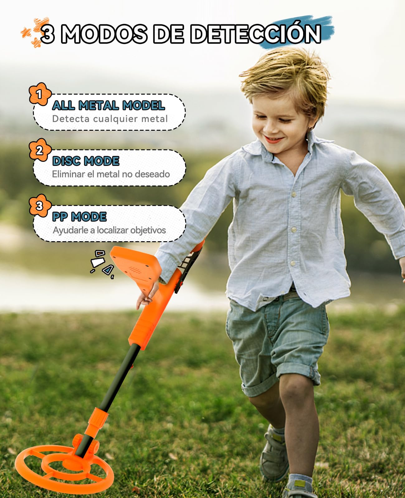 SUNPOW Detector de Metales para Niños, Bobina Impermeable IP68 | Chip de Actualización, 3 Modos, Vástago Ajustable de 81-101cm, Regalo para Niños de 8-12 Años