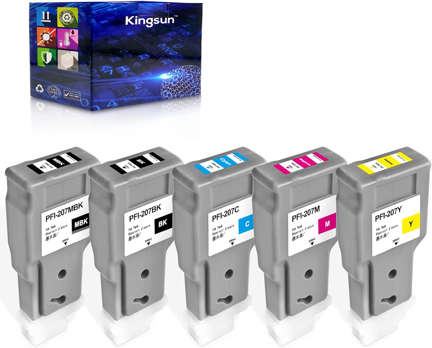 PFI-207 Ink Cartridge PFI207-MBK PFI207BK PFI-207C PFI-207M PFI-207Y Ink Tank Replacement for Canon imagePROGRAF iPF680 iPF685 iPF780 iPF785 (5 Pack, 300ml)