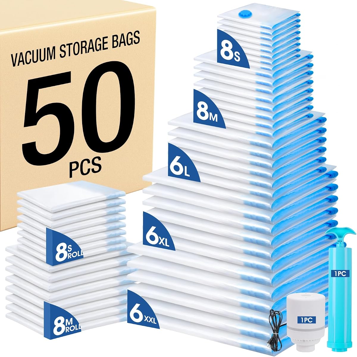 50 Pack Vacuum Storage Bags, 5 Sizes + 2 Roll-up (8 Each) Space Saver | Vacuum Sealer Bags for Clothing with 1 Electric Pump and 1 Hand Pump, Seasonal Storage Bags for Luggage, Travel Essentials