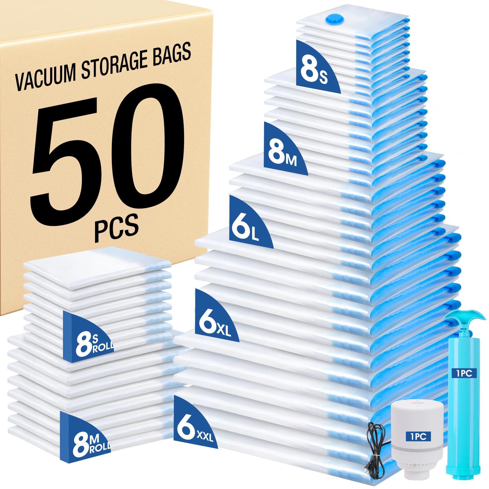 AROIC Set di 50 sacchetti sottovuoto salvaspazio per vestiti, coperte, conservazione stagionale con pompa elettrica, sacchetti sottovuoto per bagagli, accessori da viaggio e organizzazione della casa