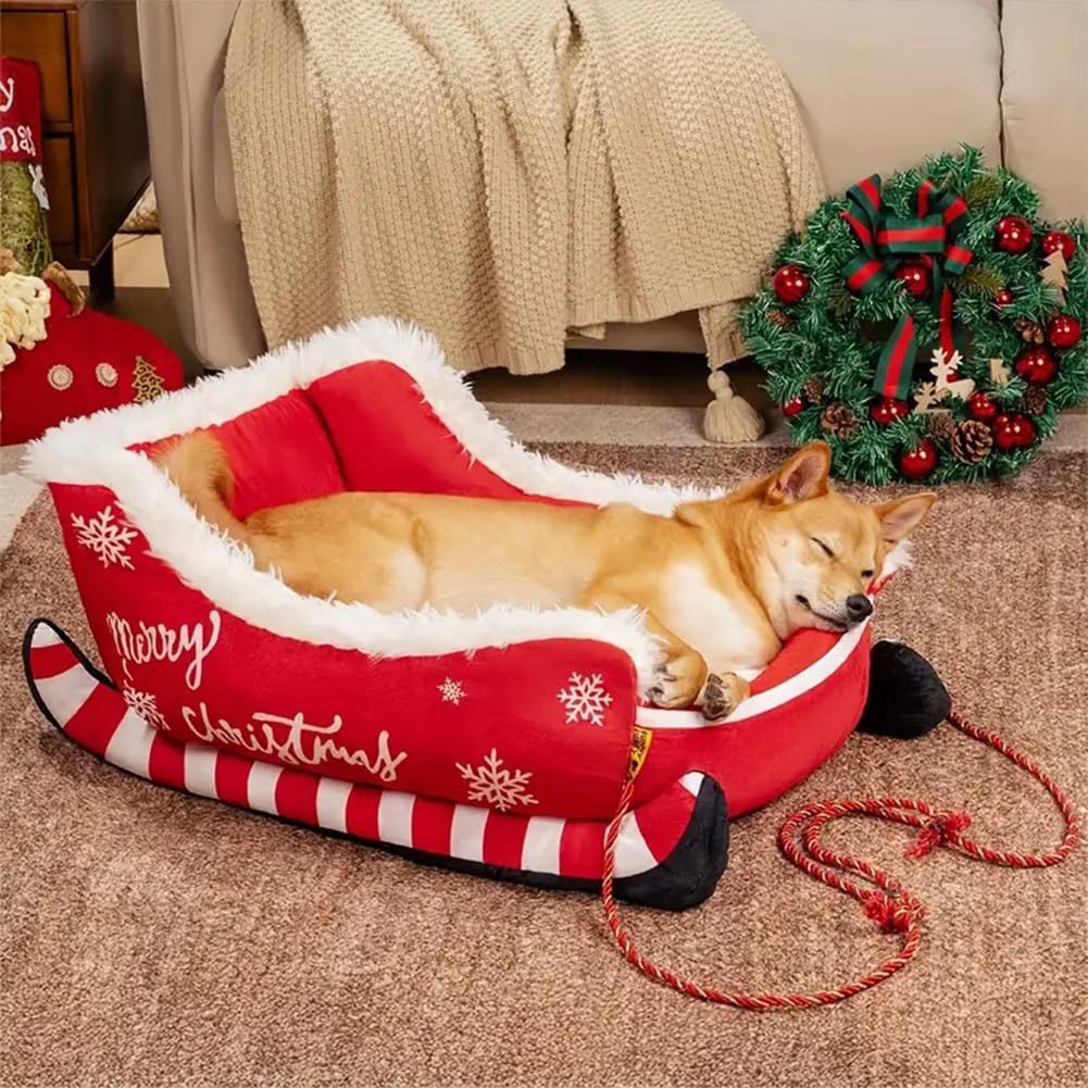 Cuccia per cani a forma di slitta natalizia, cuccia calda per animali domestici a forma di slitta di Babbo Natale, cuccia natalizia lavabile in peluche per gatti con base antiscivolo (Rosso, L)