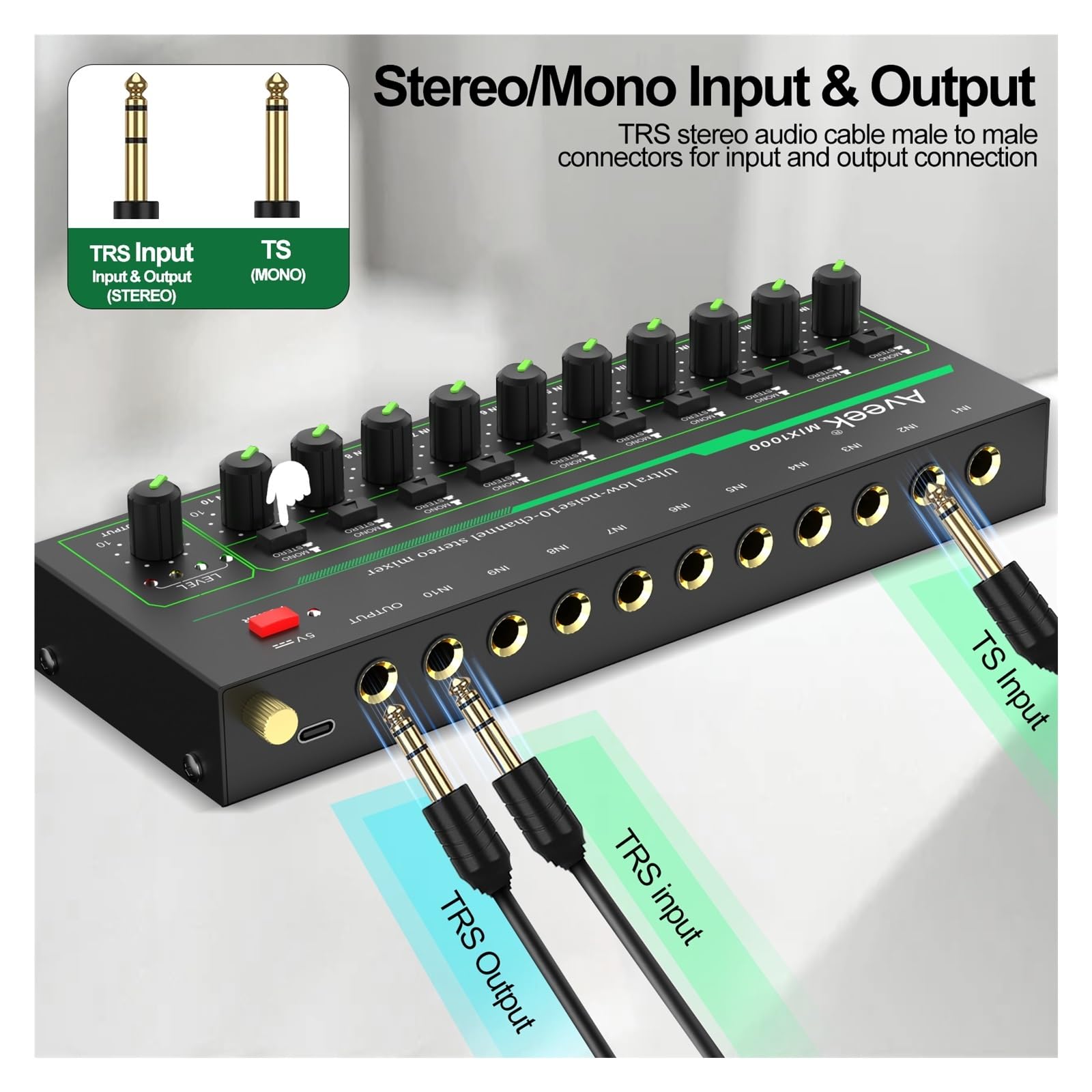 Mikser 10-kanałowy - Mini mikser stereo 10, niski poziom szumów do precyzyjnego miksowania podrzędnego, wejście/wyjście TRS 1/4" dla mikrofonów