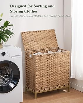 SETVSON Laundry Hamper with Lid, 35 Gal 3-Bag Clothes Sorter, Natural