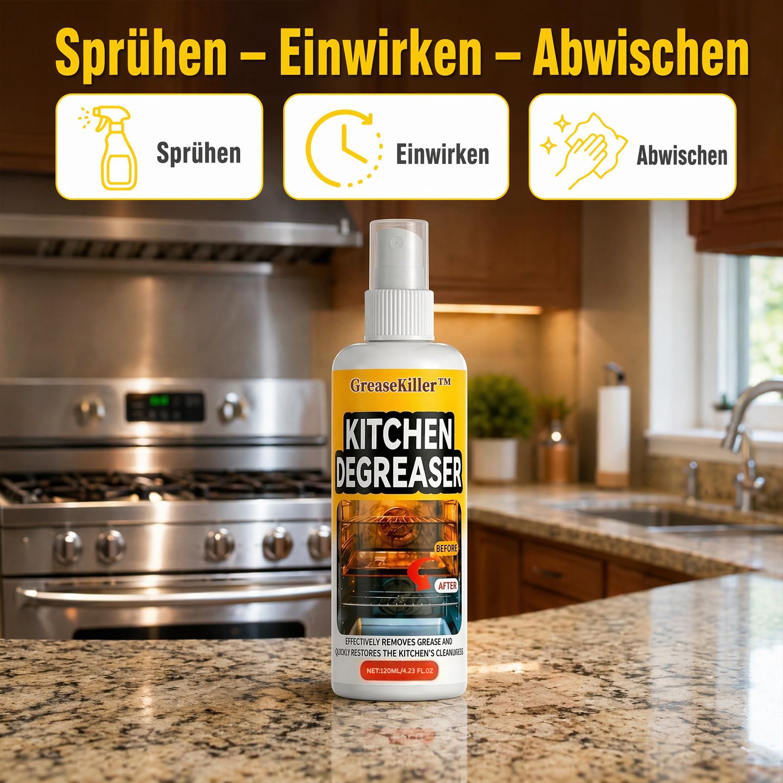 Grease Killer Spray, 2026 Neu Fast-Acting Heavy-Duty Grill Degreaser Spray, Biologisch Abbaubar, Kraftvoll Gegen Eingebranntes & Verkrustungen, Grillrost, Edelstahl, Gusseisen, Air Fryer (1 Flasche)